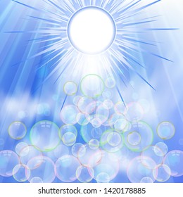 Abstract background of blue sky, bright sun and many soap bubbles. The idea of fresh air and clean atmosphere. Vector illustration for your design.