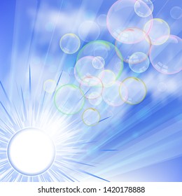 Abstract background of blue sky, bright sun and many soap bubbles. The idea of fresh air and clean atmosphere. Vector illustration for your design.