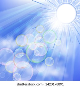 Abstract background of blue sky, bright sun and many soap bubbles. The idea of fresh air and clean atmosphere. Vector illustration for your design.