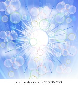 Abstract background of blue sky, bright sun and many soap bubbles. The idea of fresh air and clean atmosphere. Vector illustration for your design.