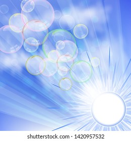 Abstract background of blue sky, bright sun and many soap bubbles. The idea of fresh air and clean atmosphere. Vector illustration for your design.