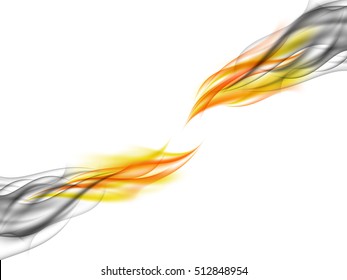 Abstract background with blue smoke absorbing broken orange flames, tearing flames, fiery smoke, vector illustration