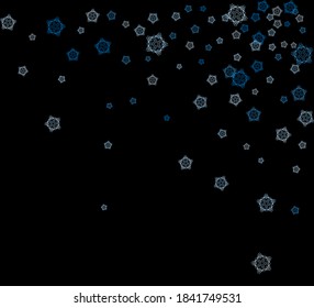 Abstrakter Hintergrund, blaue Schneeflocken auf schwarzem Hintergrund.