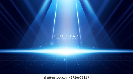 Abstrakter Hintergrund mit blauen Scheinwerfern zur Mitte. Futuristischer Glühlichteffekt für die Preisverleihung.