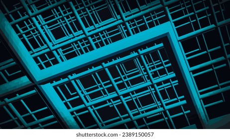Abstract background with blue squares and blue frames on a dark background. Abstract blue grid background rendered in 3d. Vector illustration.