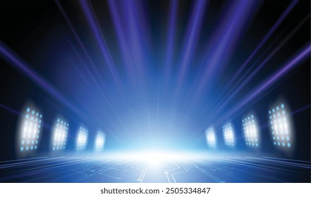 Abstract background blue stadium stage hall with scenic lights of round futuristic technology user interface Blue vector lighting empty stage spotlight background.