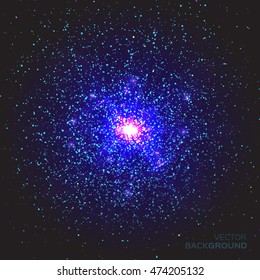Abstract background with blue star burst. Space background, night sky and stars.  Vector Illustration.