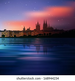 abstract background with blue sunset and silhouette of Koln