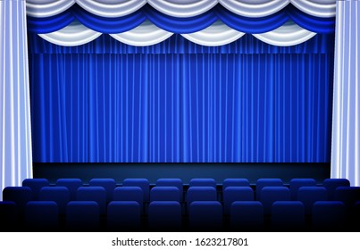 abstract background of blue Theater drapes and stage curtains and seats
