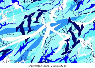 Abstract background with blue variations. Strange shapes of roots, arrows, lightning. Street art