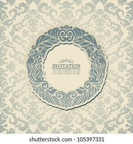 Abstract background with blue vintage frame, old style banner, floral damask wallpaper,  garland ornament, invitation card, postcard and booklet, fashion pattern, template for design