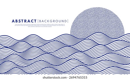 Abstract background with a blue wave line pattern. Concept of ocean waves and circles of the sun and moon. Japanese art. 