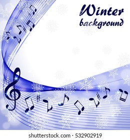 Abstract background with blue wave and musical notes and snowflake