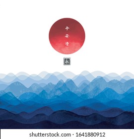 Abstract background with blue waves and big red sun hand drawn with ink. Traditional Japanese ink wash painting sumi-e. Hieroglyphs - peace, tranquility, clarity, eternity