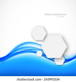 Abstract background with blue waves and paper hexagons