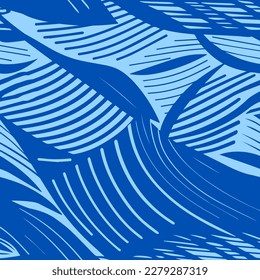 Abstract background with blue waves. Trendy vector seamless pattern in style retro 60s, 70s.