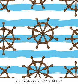 Abstract background. Blue and white color. Wallpaper. Vector illustration. Striped seamless pattern with horizontal line and wooden wheel. Template for wallpaper, wrapping, textile, fabric.