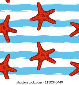 Abstract background. Blue and white color. Wallpaper. Vector illustration. Striped seamless pattern with horizontal line and red starfish. Template for wallpaper, wrapping, textile, fabric.