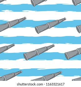 Abstract background. Blue and white color. Sea, pirate wallpaper. Vector illustration. Striped seamless pattern with horizontal line and spyglass. Template for wallpaper, wrapping, textile, fabric.