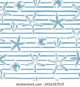 Abstract background. Blue and white color. Sea wallpaper. Striped seamless pattern with horizontal line starfish and crabs.