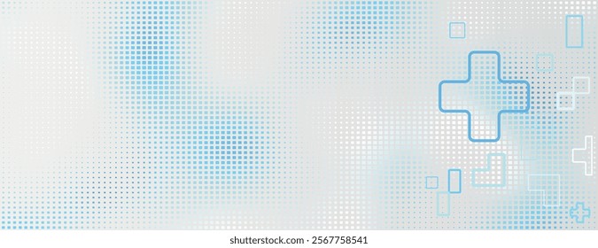 Abstract background with a blue and white gradient. The background features a dotted texture with blue geometric shapes and a blue hue. Minimal halftone dotted texture vector background.