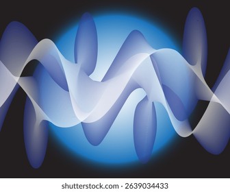 Abstract background with blue and white waves flowing in front of a light blue circle. These waves create a dynamic and rotating effect