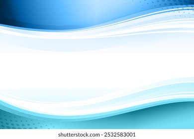 Abstract background with blue and white wavy shapes and copy space, suitable for business, technology concept illustrations. Vector banner, border, frame.  Separate top and bottom adjustable layers.