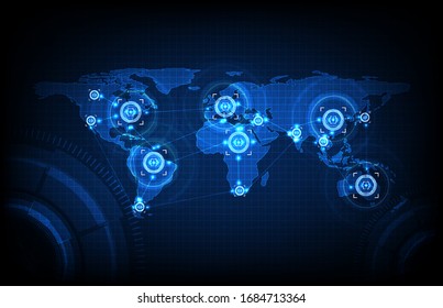abstrakter Hintergrund von blauen Weltkarten mit futuristischem Technologieziel mit Verbindungsleitung