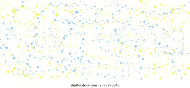 Abstract background with blue and yellow spray paint splatters on a white surface. High-resolution texture with dynamic paint drops, ink splashes, and artistic stains. 