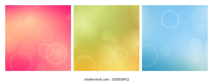 Abstrakter Hintergrund mit unscharfem Bokeh-Lichteffekt. Set von drei modernen bunten, kreisförmigen unscharfen hellen Hintergrund. Vektorgrafik