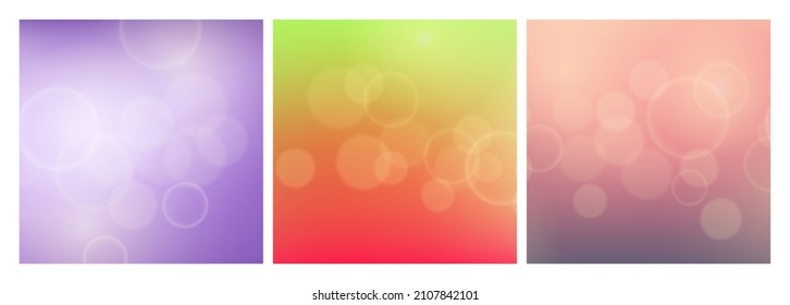 Abstract background with blur bokeh light effect. Set of three modern colorful circular blur light backdrop. Vector illustration