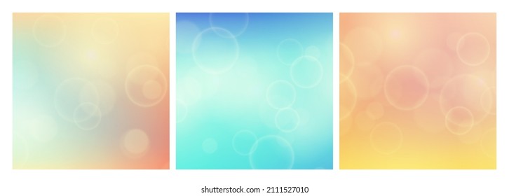Abstract background with blur bokeh light effect. Set of three modern colorful circular blur light backdrop. Vector illustration