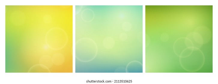 Abstract background with blur bokeh light effect. Set of three modern colorful circular blur light backdrop. Vector illustration