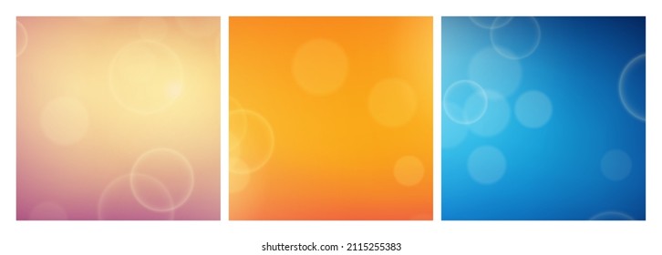 Abstract background with blur bokeh light effect. Set of three modern colorful circular blur light backdrop. Vector illustration