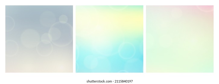 Abstract background with blur bokeh light effect. Set of three modern colorful circular blur light backdrop. Vector illustration