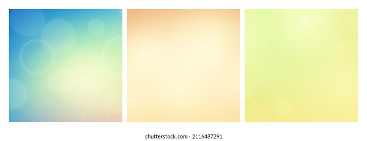 Abstract background with blur bokeh light effect. Set of three modern colorful circular blur light backdrop. Vector illustration