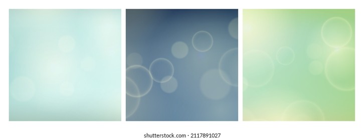 Abstract background with blur bokeh light effect. Set of three modern colorful circular blur light backdrop. Vector illustration