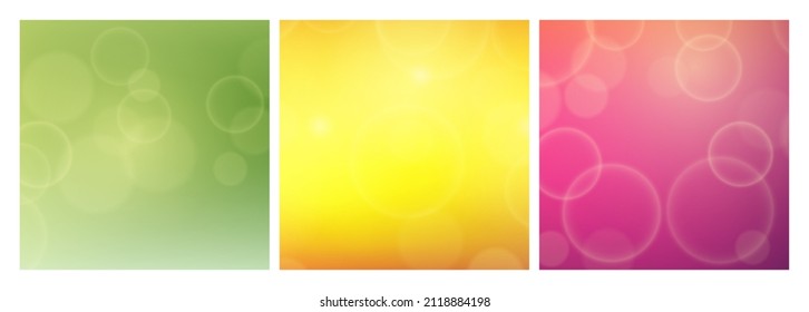 Abstract background with blur bokeh light effect. Set of three modern colorful circular blur light backdrop. Vector illustration