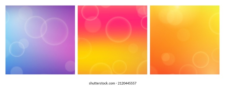 Abstract background with blur bokeh light effect. Set of three modern colorful circular blur light backdrop. Vector illustration
