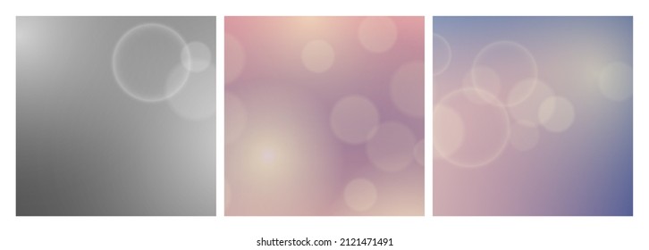 Abstract background with blur bokeh light effect. Set of three modern colorful circular blur light backdrop. Vector illustration