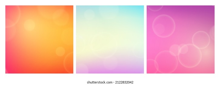 Abstract background with blur bokeh light effect. Set of three modern colorful circular blur light backdrop. Vector illustration
