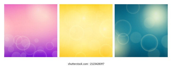 Abstract background with blur bokeh light effect. Set of three modern colorful circular blur light backdrop. Vector illustration