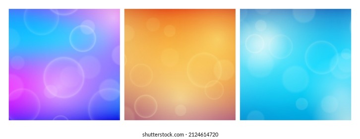 Abstract background with blur bokeh light effect. Set of three modern colorful circular blur light backdrop. Vector illustration
