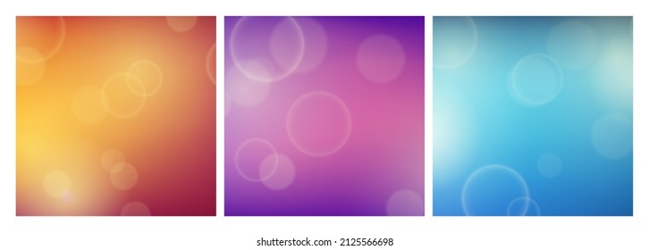 Abstract background with blur bokeh light effect. Set of three modern colorful circular blur light backdrop. Vector illustration