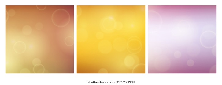 Abstract background with blur bokeh light effect. Set of three modern colorful circular blur light backdrop. Vector illustration