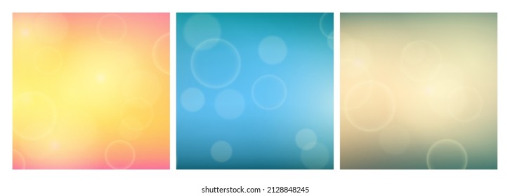 Abstract background with blur bokeh light effect. Set of three modern colorful circular blur light backdrop. Vector illustration