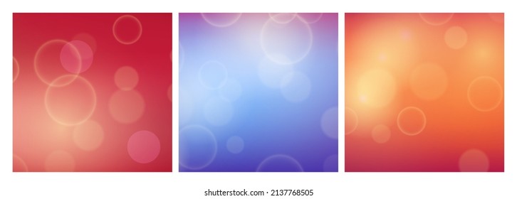 Abstract background with blur bokeh light effect. Set of three modern colorful circular blur light backdrop. Vector illustration