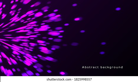 Abstract background with blured particles burst in motion, purple neon lights on dark backdrop, presentation cover design