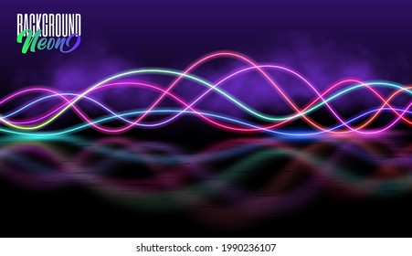 Abstract background with blurred magic neon light lines. High-speed abstraction. Shining blue fine lines. Energy waves. Purple, red, blue. Sound wave. Equalizer visualization effect.