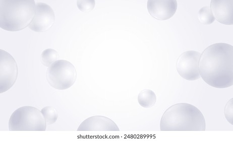 Abstract background with blurred white 3D bubbles or balls or spheres with realistic reflections. Horizontal banner with copy space. Elegant monochrome vector template, modern design.